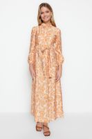 Trendyol Orange Belted Shawl Patterned Woven Shirt Dress