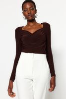 Trendyol Brown Waistband Draped Detailed Fitted/Situated Elastic Snaps Knitted Bodysuit