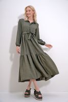 Trend Alaçatı Stili Women's Khaki Buttoned Front Skirt Flounced Flamed Linen Maxiboy Dress