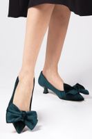 Mio Gusto Molly Green Color Velvet Mini Heel Women's Short Heeled Shoes with Bow