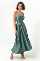 Lafaba Women's Satin Midi Evening Dress & Prom Dress with Turquoise Rope Straps and Waist Belt.