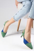 Mio Gusto Ruby Green And Sax Color Suede Women's Short Heeled Shoes.