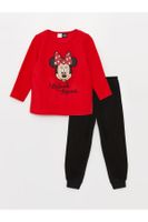 LC Waikiki Crew Neck Minnie Mouse Printed Long Sleeve Girls Kids Fleece Pajamas Set