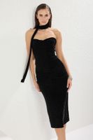 Trendyol Black Glitter Knitted Neck Tie Detail Dress