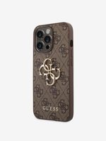 Guess PU 4G Metal Logo Zadní Kryt pro iPhone 14 Pro Brown Etui za telefon ljubičasta