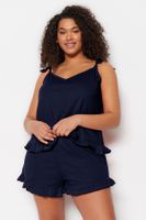 Trendyol Curve Navy Blue Strap Knitted Ruffle Detail Pajama Set