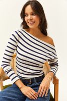 Olalook Women's Navy Blue Striped Premium Soft Touch Boat Neck Flexible Blouse