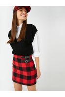 Koton Checked Mini Skirt with Double Buckle Detail and Zipper