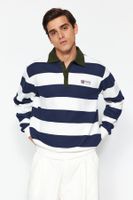 Trendyol Navy Blue Regular/Normal Cut Polo Collar Striped Fleece Inside/Warm Sweatshirt