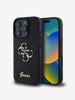 Guess PU Fixed Glitter 4G Metal Logo Zadní Kryt pro iPhone 16 Pro Black Etui za telefon ljubičasta