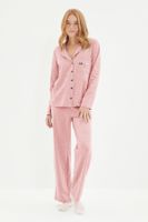 Trendyol Pink Piping and Pocket Detailed Printed Knitted Pajama Set