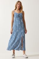 Happiness İstanbul Women's Indigo Blue Strap Patterned Viscose Dress