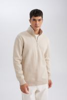 DEFACTO Men's Beige 3 Thread Cotton Raised Polar Fleece Regular Fit Stand Collar Zippered Thick Sweatshirt