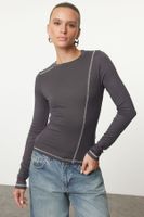 Trendyol Anthracite Fitted/Body-Sit Cardigan Stitching Detailed Crew Neck Flexible Knitted Blouse