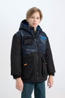 DEFACTO Boy's Water Repellent Hooded Zippered Pocket Fleece Lined Coat