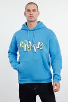 Trendyol Blue Oversize/Wide Cut Hooded Fluffy Printed Fleece/Warm Sweatshirt