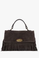 Estro: Ciemnobrązowa poręczna torebka damska z naturalnego włoskiego weluru z frędzlami