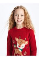 LC Waikiki Girls' Crew Neck Christmas Themed Long Sleeve Knitwear Sweater