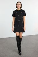 Trendyol Black*001 Plain Pearl/Troc/Stone/Bird's Eye Mini Crew Neck Stone Detailed Suede Knit Dress