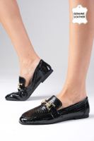 Mio Gusto Jordane Genuine Leather Black Color Animal Patterned Flat Toe Women's Loafer Shoes