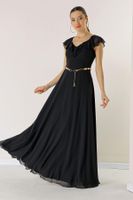 By Saygı Flounced Collar, Belted Waist, Lined Long Chiffon Dress