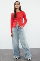 Trendyol Red Button Detailed Crew Neck Ribbed Flexible Regular Length Knitted Blouse