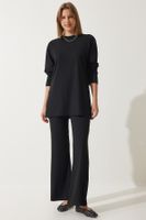 Happiness İstanbul Women's Black Ribbed Knitted Blouse Pants Suit