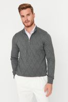 Trendyol Gray Slim Fit Cotton Half Turtleneck Zippered Collar Smart Knitwear Sweater