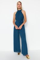 Trendyol Petrol Belted Maxi Chiffon Lined Woven Jumpsuit