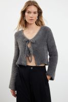 Trendyol Anthracite Crop Feather Tie Detailed Knitwear Cardigan