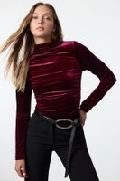 Trendyol Burgundy Velvet Draped High Collar Fitted Regular Length Knitted Blouse