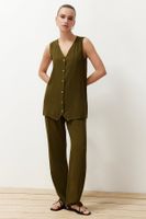 Trendyol Khaki Buttoned V-Neck Wide Cut Woven Vest-Pants Set