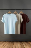 Trendyol Dark Brown-Stone-Light Blue Slim/Slim Cut Crew Neck 100% Cotton 3-Pack T-Shirt