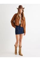 Koton Faux Suede Jacket Crop Flap Pocket Detail Buttoned Comfortable Fit