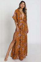 Madmext Mustard Patterned Slit Detail Long Dress