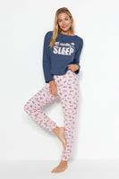 Trendyol Indigo 100% Cotton Cat Patterned T-shirt-Pants Knitted Pajama Set