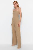 Trendyol Camel Cargo Pocket Strapless Collar Maxi Woven Jumpsuit