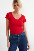 Trendyol Red Fitted Cotton Stretch Knitted Blouse