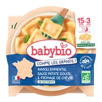 BABYBIO celé ravioli s ementálom, pyré zo sladkých zemiakov a francúzsky kozí syr