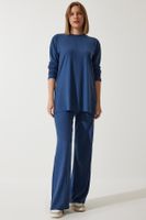 Happiness İstanbul Women's Navy Blue Ribbed Knitted Blouse Pants Suit