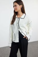 Trendyol Ecru Color Block Polo Neck Knitted Cardigan