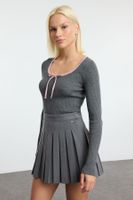 Trendyol Gray Premium Yarn/Special Yarn Ribbon/Bow Detailed Knitwear Sweater