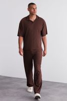 Trendyol Limited Edition Brown Wide Cut Textured Wrinkle-Free Ottoman Polo Neck T-Shirt