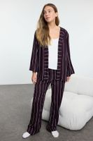 Trendyol Dark Plum 3-Pack Striped Rope Strap Viscose Woven Pajamas Set