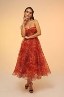 Carmen Orange Print Strapless Midi Evening Dress