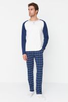 Trendyol Navy Blue 100% Cotton Plaid Knitted 100% Cotton Pajama Set