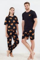 Trendyol Black Couple Regular Fit Teddy Bear Patterned 100% Cotton Shorts Pajama Set