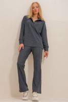 Trend Alaçatı Stili Women's Anthracite Polo Top and Palazzo Pants Knitwear Bottom and Top Set