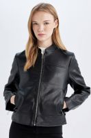 DEFACTO Regular Fit Zippered Pocket Black Faux Leather Jacket