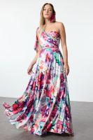 Trendyol Multi-Colored Floral Patterned One-Shoulder Woven Long Elegant Evening Dress